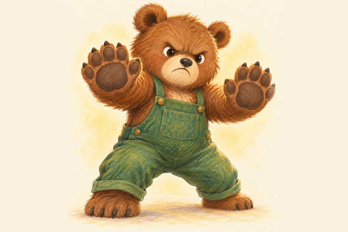 O Bruno, um urso de peitilho verde, com as mãos enormes levantadas