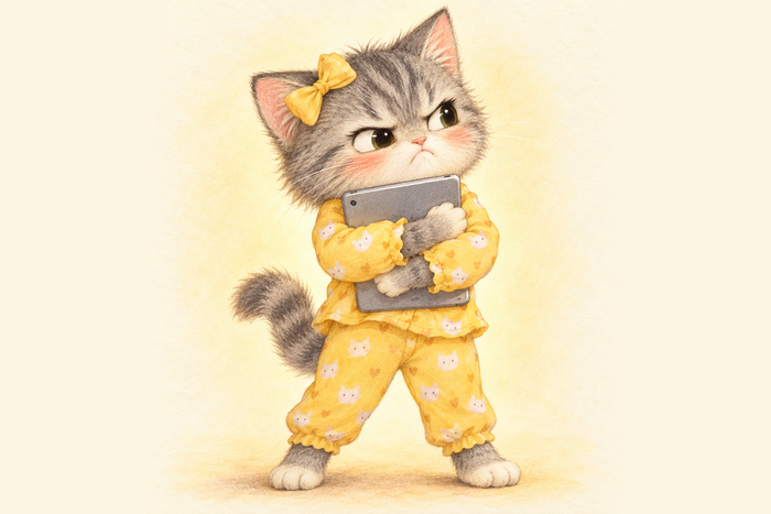 A Mia, uma gata de pijama amarelo, agarrada ao tablet