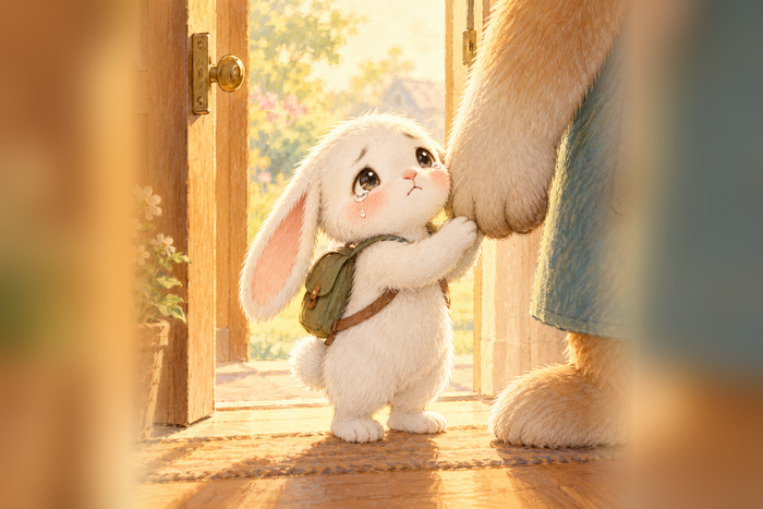 O Tomás, um coelho branco de mochila, agarrado à mão grande da mãe, à porta