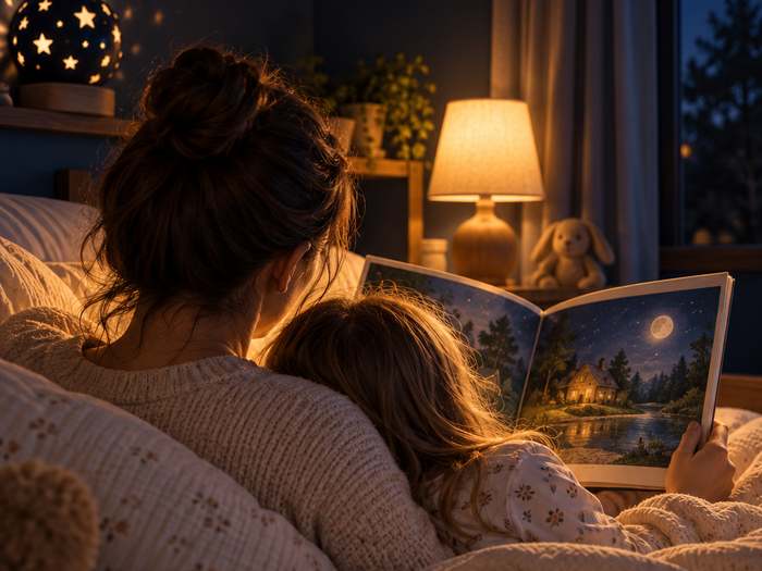 Uma mãe e uma criança, de costas, a ler um livro ilustrado na cama, à luz de um candeeiro