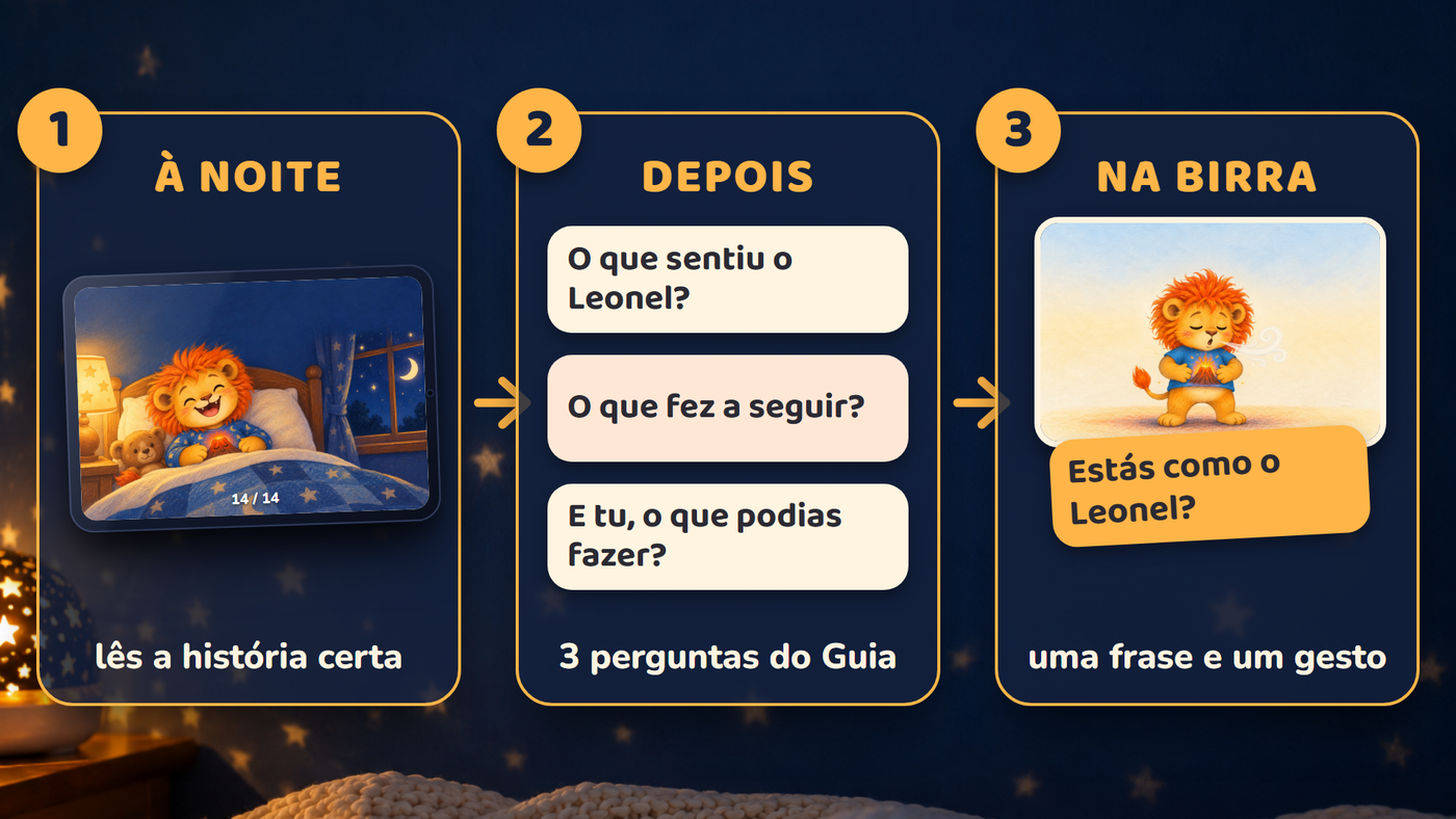 O método em três passos: a história à noite, as três perguntas depois e a frase na próxima birra