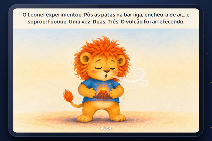 Página 9 da História 1: o Leonel a soprar o vulcão